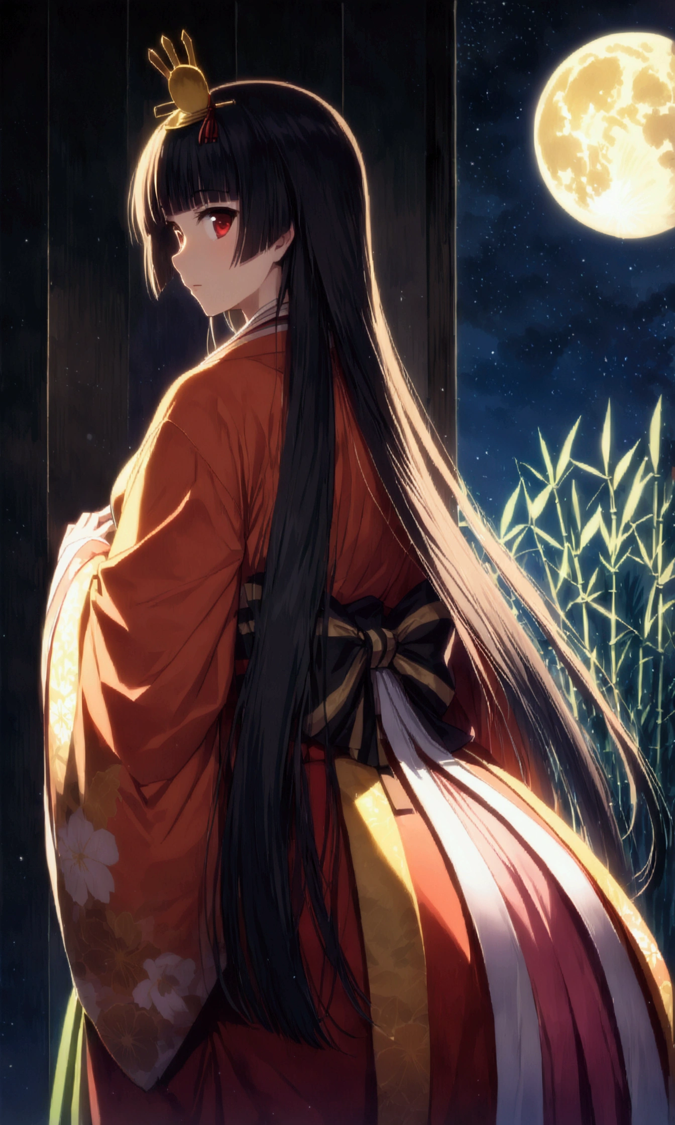 The World of Kaguyahime, hinamatsuri ohinasama, the figure standing looking at the moon is full of melancholy, (heian red:1.1) japanese clothes, wide sleeves, red (karaginumo:1.1), layered kimono, 1girl solo, beautiful detailed hair, black hair (hime cut:1.2) very long hair spread out, (she sees full moon:1.3), (beautiful standing back view), super wide shot, cinematic lighting, beautifully lit, starry sky, light particles, from behind, (beautiful bamboo thicket:1.1)