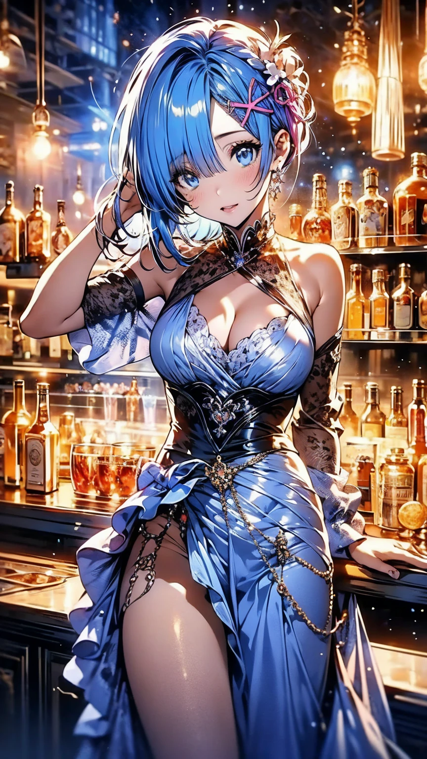 (Highest quality),(masterpiece), 8k,Very detailed, Detailed light, Best Shadow,Detailed reflective eyes, Beautiful Eyes, Very detailedな顔,Shiny Hair,sexy,Big Breasts,Charm,One person,Gloss,Rem,Re:Zero,Blue Hair,blue eyes,full moon,Fantasy,Charm, Blushing,Expressionless,tearsを流す,tears,looking at the camera,front,garter belt,tights,Maid服,Maid,
