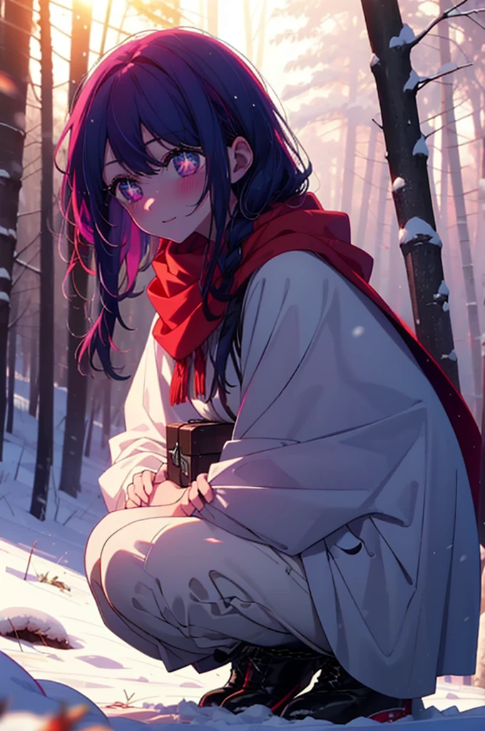 aihoshino, Ai Hoshino, Long Hair, bangs, (Purple eyes:1.1), Purple Hair, (Symbol-shaped pupil:1.5), smile,,smile,blush,white breath,
Open your mouth,snow,Ground bonfire, Outdoor, boots, snowing, From the side, wood, suitcase, Cape, Blurred, , forest, White handbag, nature,  Squat, Mouth closed, Cape, winter, Written boundary depth, Black shoes, red Cape break looking at viewer, Upper Body, whole body, break Outdoor, forest, nature, break (masterpiece:1.2), Highest quality, High resolution, unity 8k wallpaper, (shape:0.8), (Beautiful and beautiful eyes:1.6), Highly detailed face, Perfect lighting, Highly detailed CG, (Perfect hands, Perfect Anatomy),