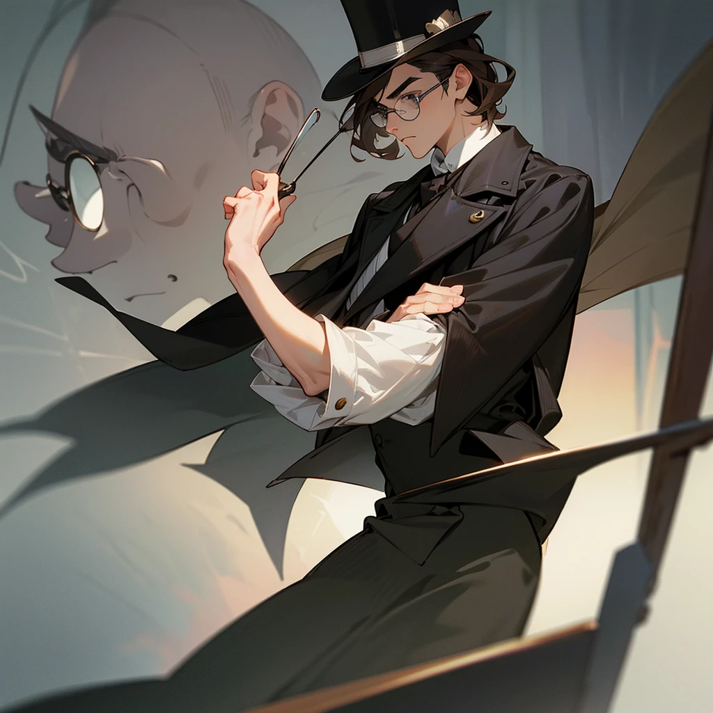 masterpiece, Highest quality, Realistic, 1 person, Mature Men, A quiet and attractive young man, Age 25, Close ~ eyes, Serious expression, Highly detailed face, ((Dark grey eyes)), ((Short dark brown hair swept to the right)), [Thick eyebrows], Thief, city, ((Wearing a classic overcoat and top hat)), Cinema Lighting, Looking at the audience, Postural dynamics,Side angle、Monocle glasses
