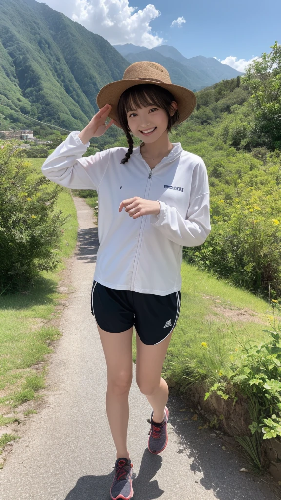 Best picture quality (8k, high resolution, Masterpiece: 1.2), super detailed,  215 Short Hair,Three braids long hair, 26-year-old woman, 

situation: Enjoying the surrounding scenery、Walking along gentle mountain paths。Breathe fresh air、Feeling one with nature。
clothing: Wick fabric long sleeve shirt and hiking shorts。Wear a brimmed hat to protect yourself from the sun、running。Trail running shoes on your feet。



,Active Pause ,
Beside her、The thunder danced。
Focus on the waist above


, random cute pose ,big eyes ,Puffy eyes ,  Heart Pupil, blush  , huge shy smile , salute


