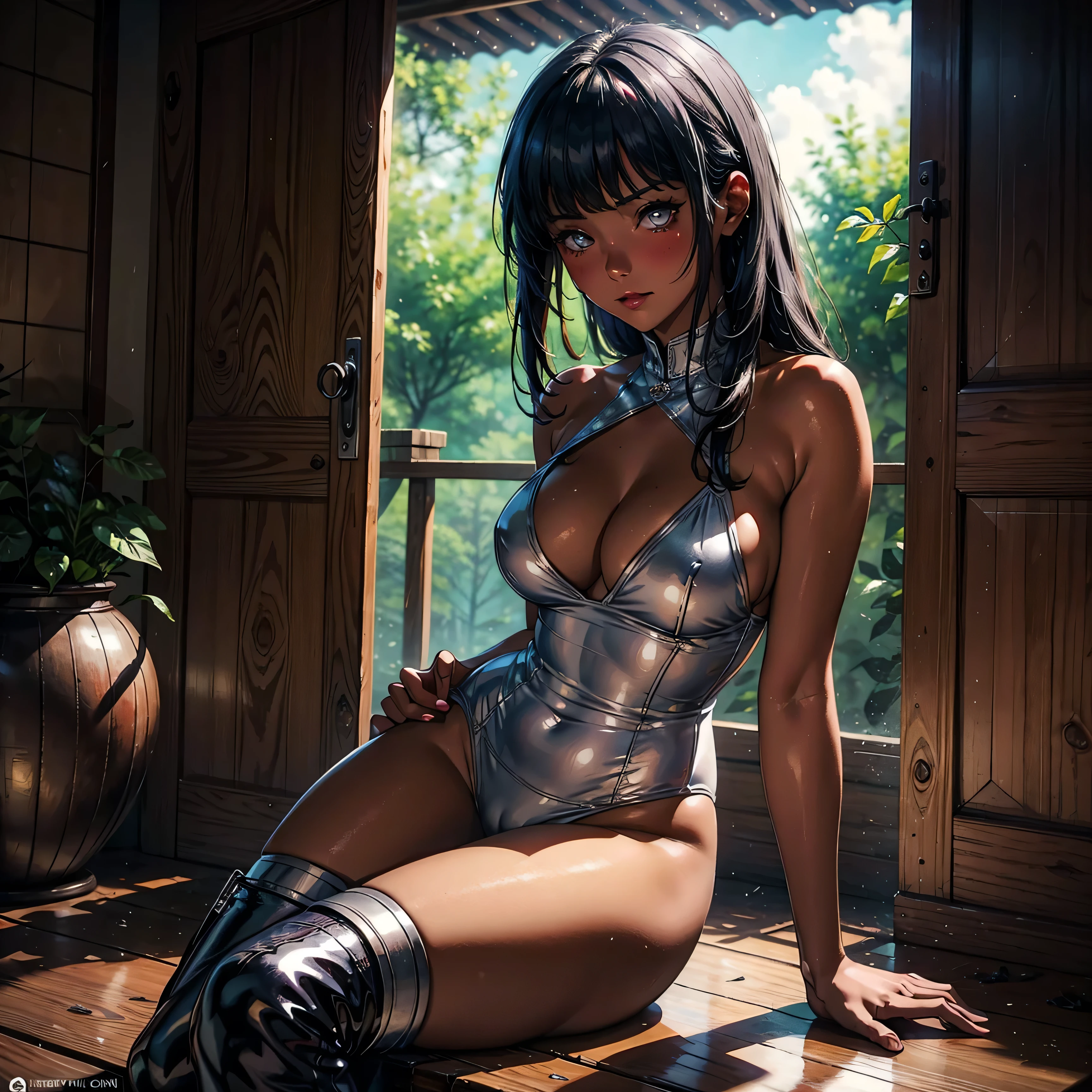 1girl, (solo), long bob hair, black hair, white eyes, serious, blushing, (medium breasts), light taned skin, white swimsuit, black long boot, black glove, sitting on log of wood, japanese temple behind, medieval japanese town, (days), (very sexy body, detailed face, detailed eyes, masterpiece, highly detailed, 8k, best quality, vibrant colors, digital art, concept art)