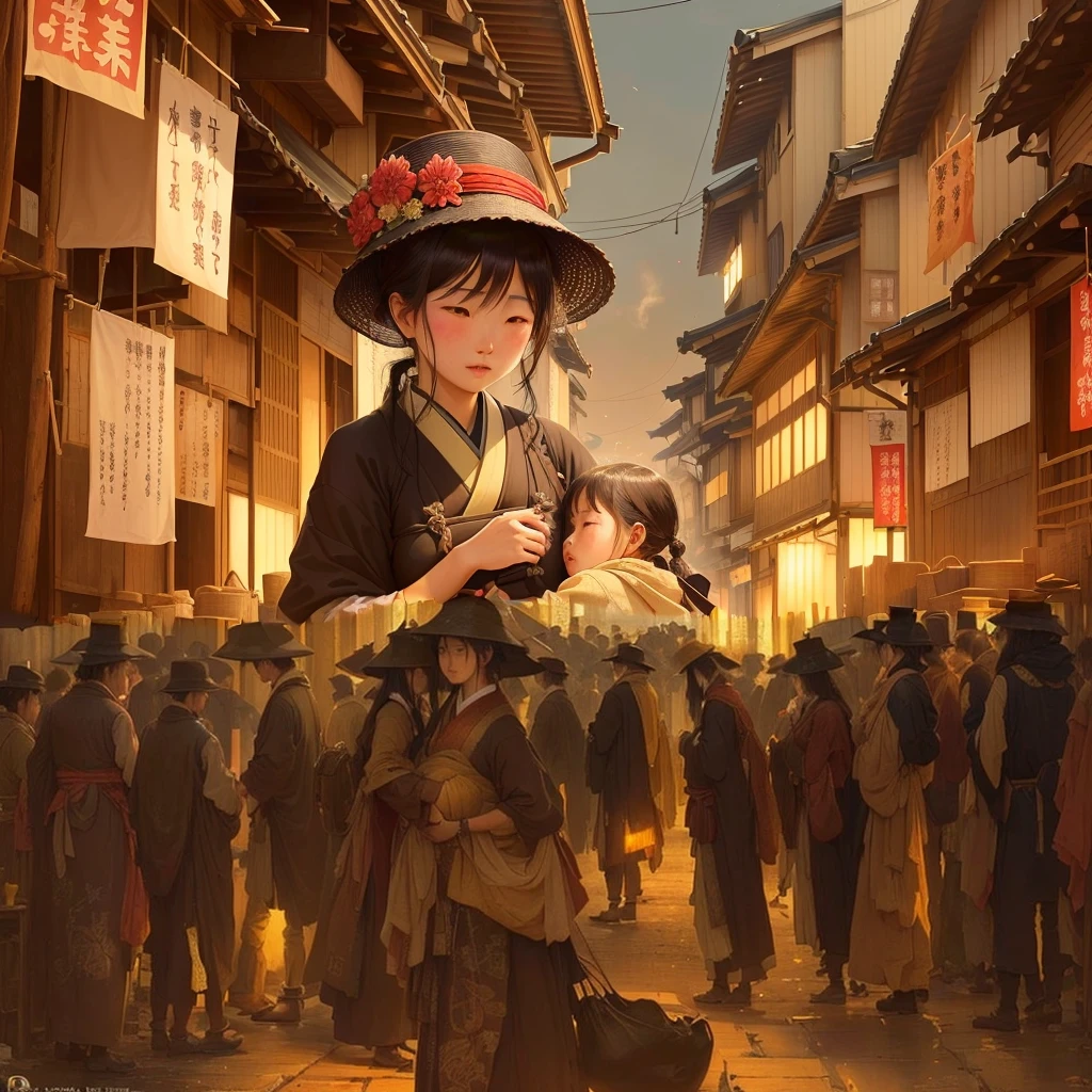 Blazing flames, fire, crowd, throng, freezing, mother warming her baby.Scenery and Cityscape in the Early Meiji Era After the Meiji Restoration, Japan underwent rapid modernization and civilization. Consequently, many changes and reforms occurred. Below is a detailed explanation of the scenery, appearance of the poor, occupations, and cityscapes in the early Meiji period (1868 to the early 1880s). 2. Appearance of the Poor Life for the impoverished and lower classes remained harsh. In particular, in urban areas, people migrated from rural areas or unemployed artisans gathered, intensifying competition in the labor market. Many of them struggled with poverty, often residing in slums or around temples. 3. Occupations Meiji early Japan witnessed a diversification of occupations. Traditional agriculture and handicrafts were accompanied by the rise of modern industry and commerce. Particularly in urban areas, factory workers, shop clerks, and transporters increased, giving rise to new professions. However, many in these occupations endured harsh working conditions. 4. Influence of Civilization and Enlightenment During the Meiji era, Western cultural influences spread rapidly. Changes in clothing, dietary habits, and the proliferation of Western-style architecture advanced, especially in urban areas. Conversely, this development posed a threat to traditional culture and lifestyles, resulting in societal upheaval and adaptation challenges. 5. Social Change and Policy Influence While promoting modernization policies, the government also addressed poverty and social issues. Legislation for labor protection and charitable activities to aid the poor were implemented. Nevertheless, living conditions for the impoverished scarcely improved. The early Meiji period marked a rapid transformation in Japan, with complex social landscapes involving challenges face.