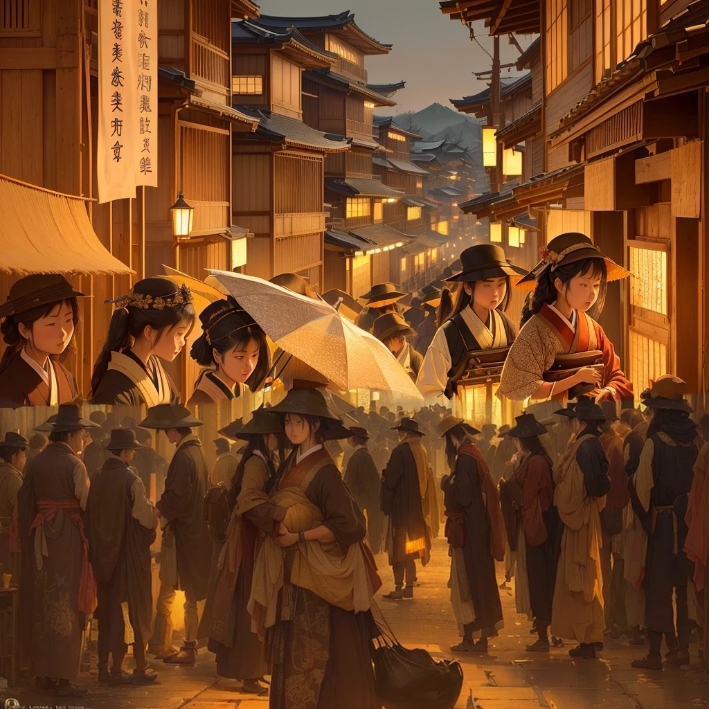 Blazing flames, fire, crowd, throng, freezing, mother warming her baby.Scenery and Cityscape in the Early Meiji Era After the Meiji Restoration, Japan underwent rapid modernization and civilization. Consequently, many changes and reforms occurred. Below is a detailed explanation of the scenery, appearance of the poor, occupations, and cityscapes in the early Meiji period (1868 to the early 1880s). 2. Appearance of the Poor Life for the impoverished and lower classes remained harsh. In particular, in urban areas, people migrated from rural areas or unemployed artisans gathered, intensifying competition in the labor market. Many of them struggled with poverty, often residing in slums or around temples. 3. Occupations Meiji early Japan witnessed a diversification of occupations. Traditional agriculture and handicrafts were accompanied by the rise of modern industry and commerce. Particularly in urban areas, factory workers, shop clerks, and transporters increased, giving rise to new professions. However, many in these occupations endured harsh working conditions. 4. Influence of Civilization and Enlightenment During the Meiji era, Western cultural influences spread rapidly. Changes in clothing, dietary habits, and the proliferation of Western-style architecture advanced, especially in urban areas. Conversely, this development posed a threat to traditional culture and lifestyles, resulting in societal upheaval and adaptation challenges. 5. Social Change and Policy Influence While promoting modernization policies, the government also addressed poverty and social issues. Legislation for labor protection and charitable activities to aid the poor were implemented. Nevertheless, living conditions for the impoverished scarcely improved. The early Meiji period marked a rapid transformation in Japan, with complex social landscapes involving challenges face.

