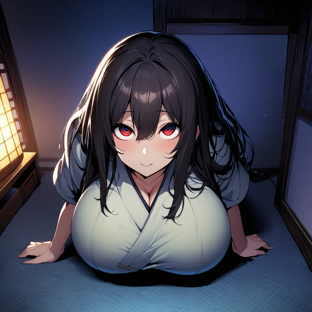 sadako,1girl,solo,super huge breasts,looking at viewer,near,standing up,Crawling,Taken from the viewpoint above,upturned eyes,Shooting from the front,night japanese room,in room