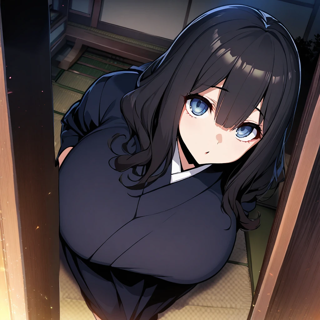 sadako,1girl,solo,super huge breasts,looking at viewer,near,standing up,Crawling,Taken from the viewpoint above,upturned eyes,Shooting from the front,night japanese room,in room