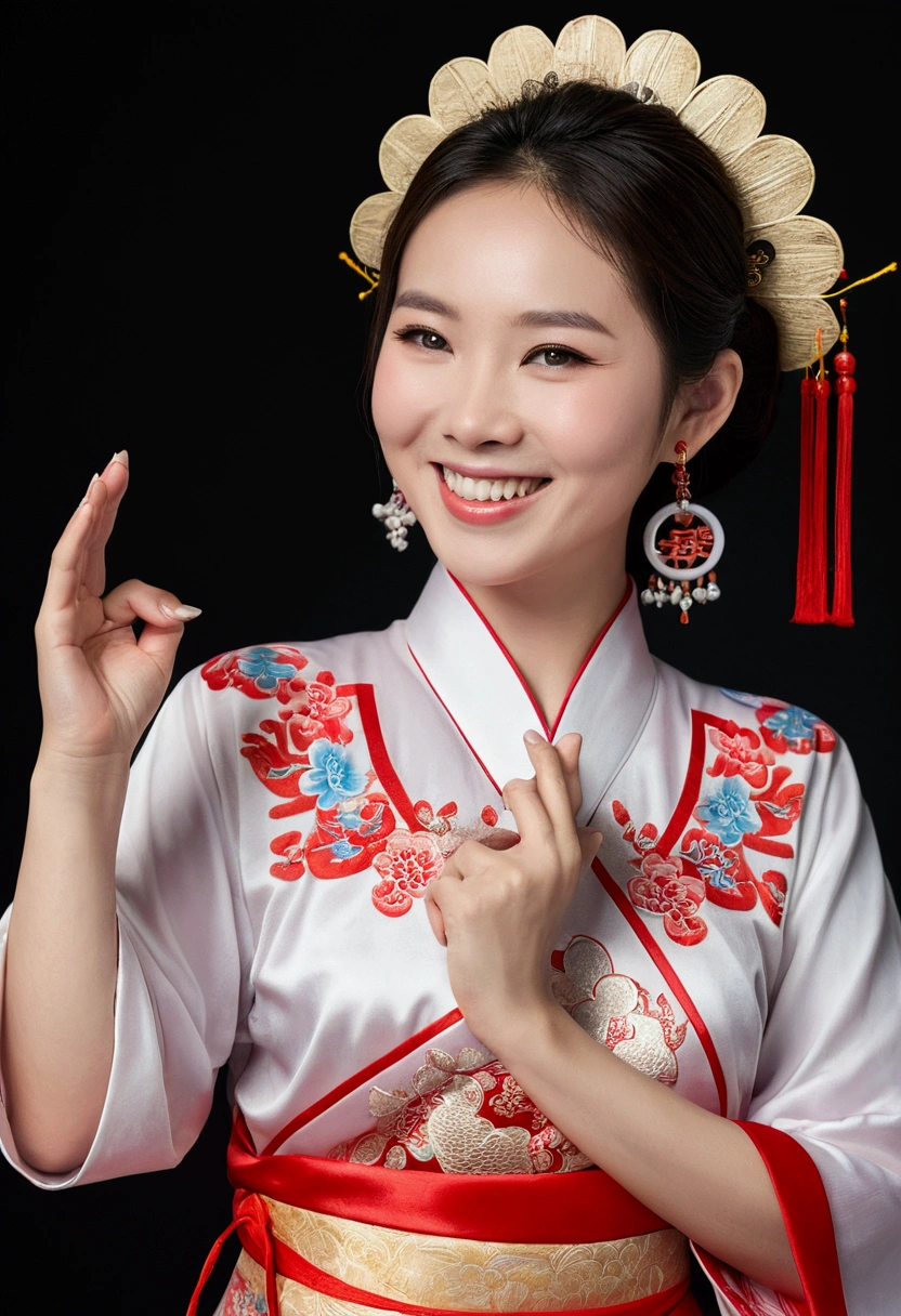 (high resolution photos, chest, woman 1 คน, 28 years old, woman, face details, Nong Fat, Waist accessories, shake hands, smile, Showing fewer teeth, white skin, upper body, Chinese traditional clothing, Model poses, studio lighting)