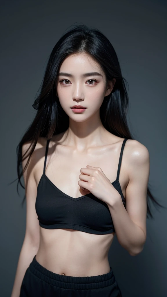 Quiet，Light makeup，Sexy，Peerless Beauty，Intellectual，clavicle，Neat long hair，Black Hair，Delicate face，Exquisite facial features，Natural expression，Natural eyes，sexy blue sports shorts