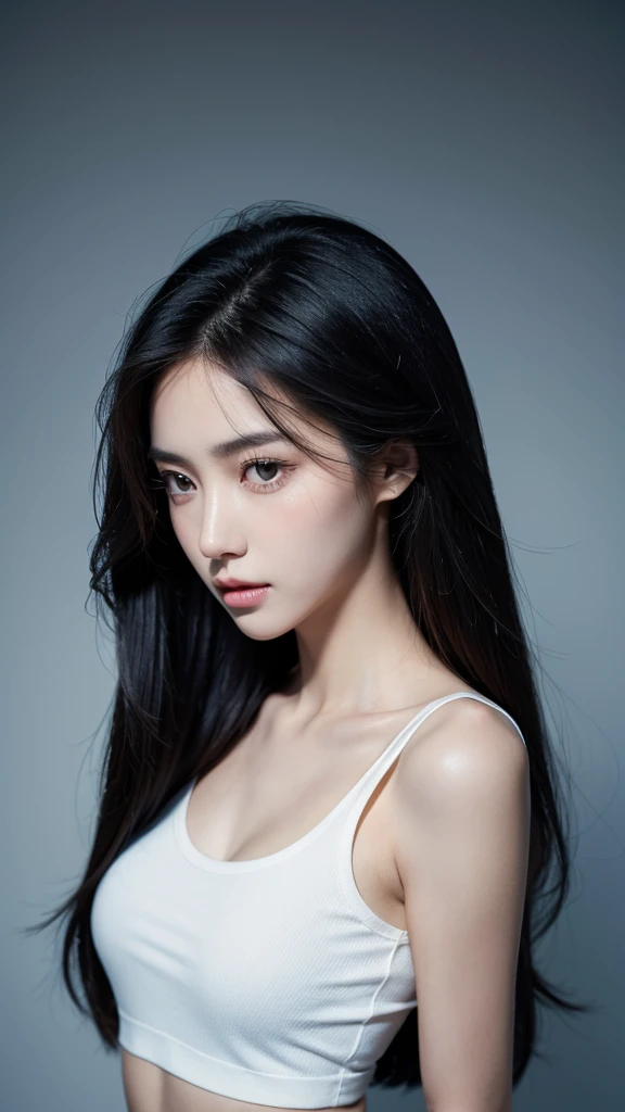 Quiet,Light makeup,Sexy,Peerless Beauty,Intellectual,clavicle,Neat long hair,Black Hair,Delicate face,Exquisite facial features,Natural expression,Natural eyes,sexy blue sports shorts