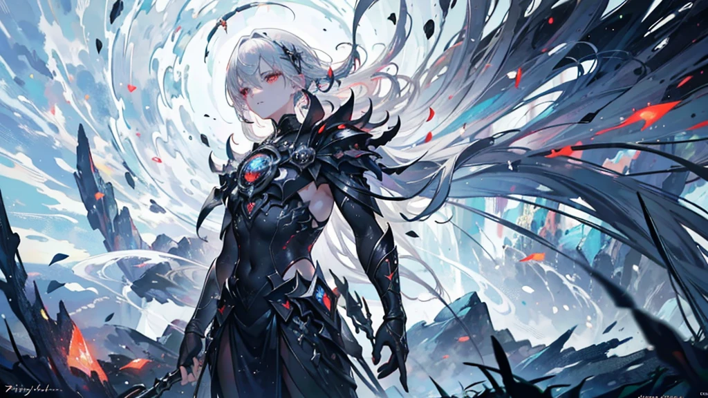 A painting that represents the magical essence of your world, Gray-haired, Mysterious black spots on neck、Red-eyed hero bathed in a waterfall of magical energy, Glowing particles fly around him.、Mysterious symbols appear in the air, masterpiece, Highest quality, Very detailed, figure, 8K resolution concept art, Fantasy art, Magnificent art, Concept Art Wallpaper 4K, Dark color, Natural light