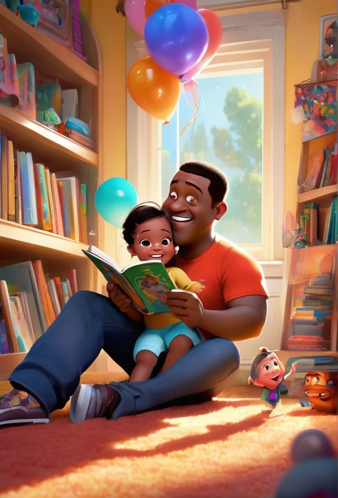 bright and vibrant colors), (high resolution), (realisitic: 1,37), Disney Pixar Movie Poster, (arte de Kevin James), stark , with muscles, (27 year old black man and his little 1 year old black baby daughter with short hair ), father and daughter, (beautiful details eyes:1.1), (beautiful detailed lips:1.1), smiling with a warm expression, (charming appearance:1.1), (professional lighting), (ultra-thin rendering), upper body photo, (expressive facial features:1.1), reading a book to her son, (reading carefully:1.1), surrounded by magical elements representing different Pixar films, (dynamic composition), (whimsical details), (playful characters), vibrant background, full of color and joy, (3D rendering ), (fantastic art style), (nostalgic aesthetic), (attention to the details:1.1).