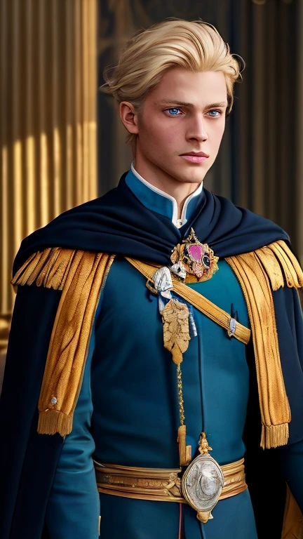 A portrait of a young prince with blonde hair and blue eyes, The prince has a noble and heroic expresión, He wears rich and elaborate medieval prince's clothing, including a crown, cape, and armor, The image is illuminated with soft natural light, creating a warm and welcoming atmosphere, The image quality is realistic and detailed, as if it were a high-resolution photograph, The prince's hair should be light blonde and wavy, combed back from his fase, His blue eyes should be bright and expressive, The prince's clothing should be in bright colors and luxurious fabrics, such as velvet and silk, The prince's crown should be gold adorned with jewels, The prince's cape should be long and flowing, with a fur trim, The prince's armor should be shiny and polished, The background of the portrait should be a medieval landscape, such as a castle or a battlefield, film grain, realistic, raw, photography