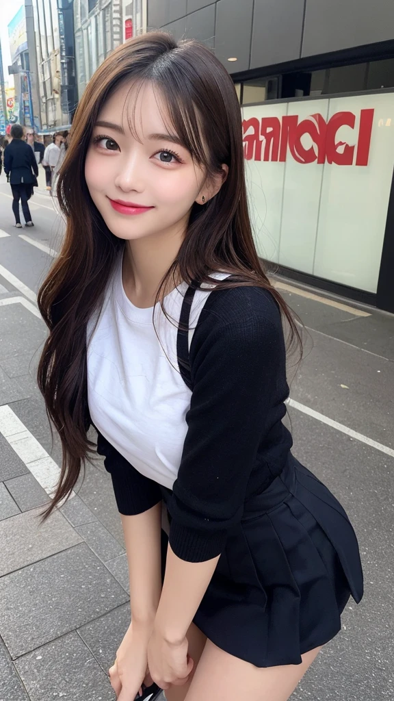 Highest quality, Very detailed, finely, High resolution, 8k wallpaper, Perfect dynamic composition, Beautiful and exquisite,ランダムなcute髪,,Natural color lip, Bold sexy pose,smile、20-year-old girl、cute、Looking into the camera,,Perfect and beautiful face,Slim face and figure,Beautiful thighs, Beautiful feet、Big eyes、Gal Makeup,Small face,Shooting from below、smile,,Elegant feminine face、Randomly change the shooting angle and position、smile、Top to bottom々Shoot from the right angle and direction、Sexy Face、Standing in the streets of Shibuya、mini skirt、Long sleeve t-shirt