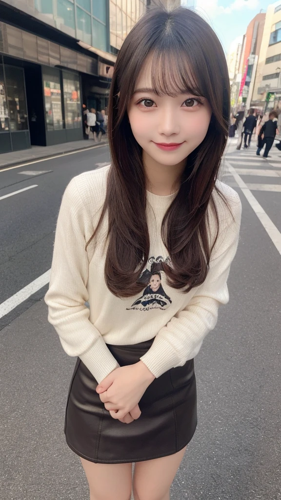 Highest quality, Very detailed, finely, High resolution, 8k wallpaper, Perfect dynamic composition, Beautiful and exquisite,ランダムなcute髪,,Natural color lip, Bold sexy pose,smile、20-year-old girl、cute、Looking into the camera,,Perfect and beautiful face,Slim face and figure,Beautiful thighs, Beautiful feet、Big eyes、Gal Makeup,Small face,Shooting from below、smile,,Elegant feminine face、Randomly change the shooting angle and position、smile、Top to bottom々Shoot from the right angle and direction、Sexy Face、Standing in the streets of Shibuya、mini skirt、Long sleeve t-shirt