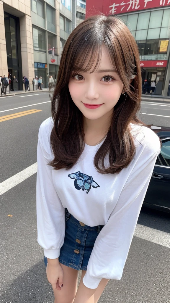 Highest quality, Very detailed, finely, High resolution, 8k wallpaper, Perfect dynamic composition, Beautiful and exquisite,ランダムなcute髪,,Natural color lip, Bold sexy pose,smile、20-year-old girl、cute、Looking into the camera,,Perfect and beautiful face,Slim face and figure,Beautiful thighs, Beautiful feet、Big eyes、Gal Makeup,Small face,Shooting from below、smile,,Elegant feminine face、Randomly change the shooting angle and position、smile、Top to bottom々Shoot from the right angle and direction、Sexy Face、Standing in the streets of Shibuya、mini skirt、Long sleeve t-shirt