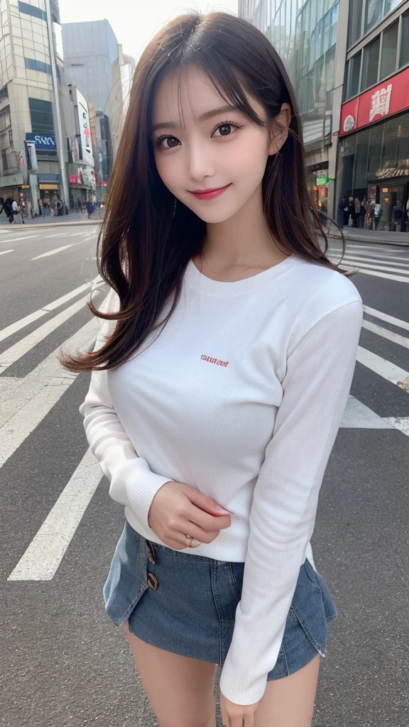Highest quality, Very detailed, finely, High resolution, 8k wallpaper, Perfect dynamic composition, Beautiful and exquisite,ランダムなcute髪,,Natural color lip, Bold sexy pose,smile、20-year-old girl、cute、Looking into the camera,,Perfect and beautiful face,Slim face and figure,Beautiful thighs, Beautiful feet、Big eyes、Gal Makeup,Small face,Shooting from below、smile,,Elegant feminine face、Randomly change the shooting angle and position、smile、Top to bottom々Shoot from the right angle and direction、Sexy Face、Standing in the streets of Shibuya、mini skirt、Long sleeve t-shirt