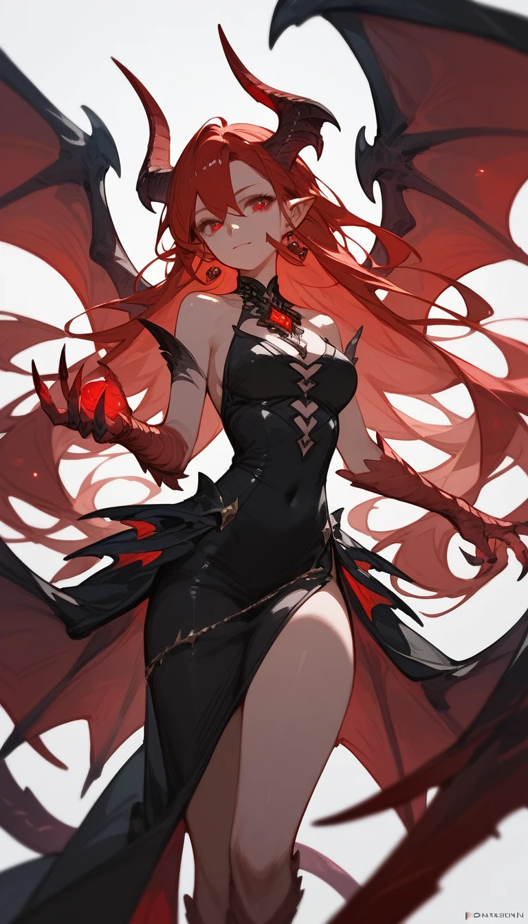 (score_9,score_8_up,score_7_up),1girl,girl demon,red hair,red eyes,wings,claws,black dress,beautiful_face,