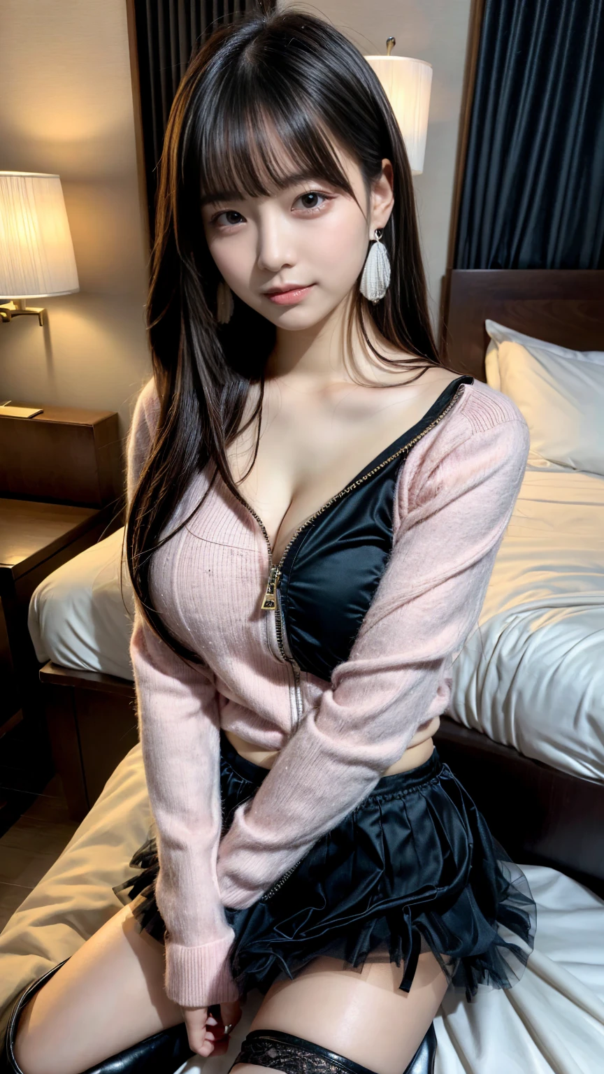 (absurdres:1.3), (highres:1.3), (ultra detailed:1.3),(1girl:1.3), (extremely detailed CG unity 8k wallpaper:1.3), (detailed skin texture, detailed cloth texture, detailed hair texture), (beautiful detailed face, supermodel, pale skin, realistic glistening skin), (RAW photo, best quality), (realistic, photo-realistic:1.4), masterpiece, extremely delicate and beautiful,Amazing, finely detail, extremely detailed CG unity 8k wallpaper, huge filesize, ultra-detailed, highres, absurdres, soft light,rim light, vibrant details, (hotel room:1.2), straight hair, black hair color, Big Natural Color Lip, large breasts, (perfect body shape), beautiful legs, BREAK (pink theme:1.4), (long sleeve tight pink sweater with half zip:1.5), (collarbone:1.3), (innerwear with lace:1.2), (cashmere:1.2), ((fit body, emphasize body line):1.3),
BREAK (black theme:1.2), (black (tulle skirt, tulle Layered mini skirt) with ruffles:1.2), (bare thigh:1.3),
BREAK (heeled boots:1.1), (earrings:1.2),
crying a little、little smile, Harajuku style、20 year old girl