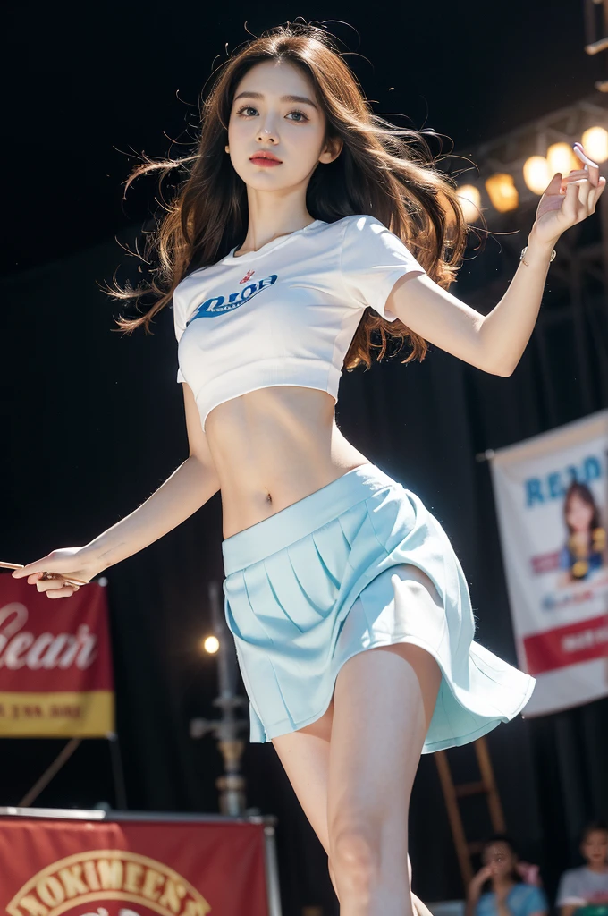 (((best quality))), (((ultra detailed))), (((masterpiece))), illustration,((a beautiful girl,solo)),((slim,thin)),((small breasts,flat chest,claviclis,navel)),(blue short sleeves:1.2),(white T-shirt:1.3),(blue mini-skirt:1.3),(slender legs:1.2),dancing,((on a stage,outside a shopping mall, at the entrance of a beer promotional event,on the street)), ((surrounded by crowded crowds)),((her hair and the edges of her skirt fluttering in the air)), the girl's attire reflecting the vibrant spirit of summer, a sense of youthful charm and confidence exuding from her, her hair flows freely in the wind, the fluttering skirt accentuating her graceful movements, her expressive eyes and infectious smile drawing people closer, the stage adorned with colorful decorations, the vibrant atmosphere enhanced by the enthusiasm of the crowd, onlookers of various ages captivated by her performance, clapping, cheering, and taking photos, the girl's graceful dance transforming the ordinary streets into a vibrant and lively venue, her energy and charisma captivating the audience, the scene encapsulating the spirit of summer and the beauty of artistic expression,(night scene:1.3),(from front:1.3)