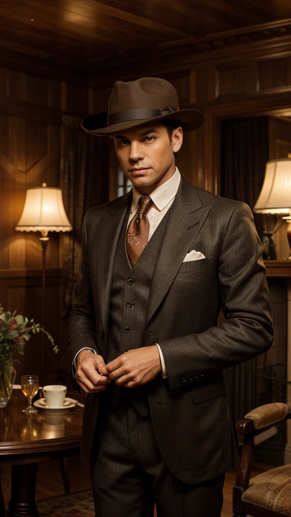 Create a realistic image featuring a stylish gentleman in a vintage, 1920s-inspired setting. The man should be dressed in an elegant three-piece suit with a tie and a patterned scarf. He should also wear a fedora hat and hold a cane, exuding an air of sophistication and confidence. The background should resemble an old, dimly-lit study or parlour with wooden furniture and warm, ambient lighting!
