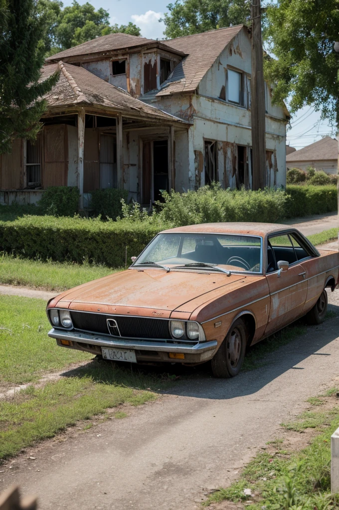 Abandoned car in front of an abandoned house