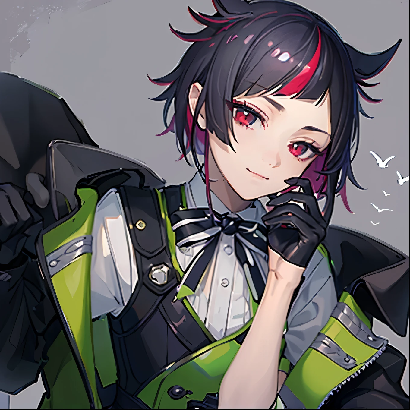 ((Highest quality)), ((masterpiece)), (detailed), Perfect Face, Selfie, 1 boy, close, Tilt your head to the right, Hand on chin, Black gloves, Green vest and ribbon, Lilia Van Rouge, Twisted Wonderland、Red eyes