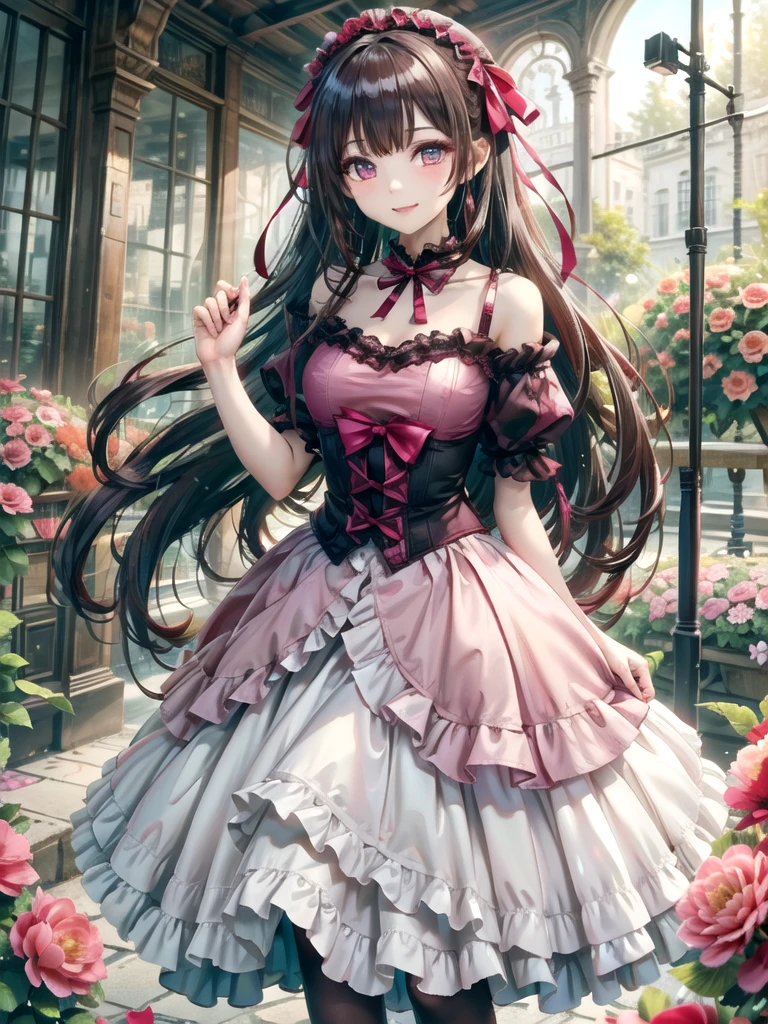 Smile、(masterpiece),(Highest quality:1.2),(Perfect Anatomy),1 girl,smile,Exquisite detail,Vibrant colors, Soft tones, Warm and gentle lighting,(Lolita Fashion, Cute pink ribbon, Beautiful frills:1.2),Pink Eyes,Garden Girl,The atmosphere is full of happiness and laughter,Combination of digital illustration and photography,Soft pastel tones,Creates a dreamy and fantastical atmosphere,Written boundary depth, Bokeh,Cinema Lighting,Standing in a park filled with pink flowers