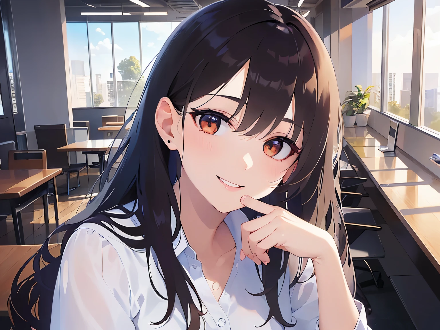 Realistic,real person,(pale skin: 1.2),RAW photo,photorealistic,shiny skin,shiny hair,(A 27-year-old woman with medium-length hair and bangs)and(wavy hair)and(brown hair)and(orange eyes),BREAK(white collared shirt)BREAK,(smile:1.5),open mouth,The background is the company desk,Alone,(Biologically correct5Finger)