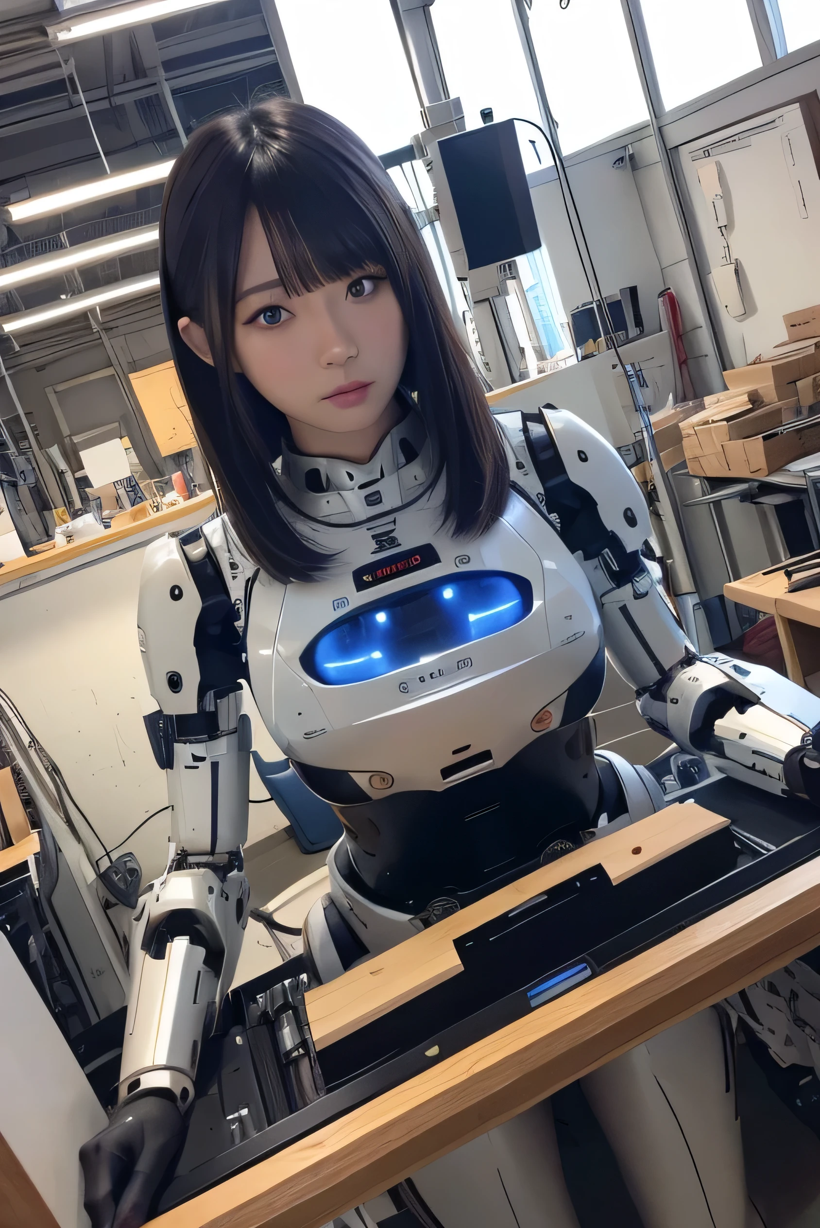 masterpiece, best quality, extremely detailed, Japaese android girl,Plump ,control panels,android,Droid,Mechanical Hand, Robot arms and legs,Blunt bangs,perfect robot girl,long tube,thick cable connected her neck,android,robot,humanoid,cyborg,japanese cyborg girl ,robot-assembly plant,She has assembled now,assembly scene,chest monitor,blue eyes