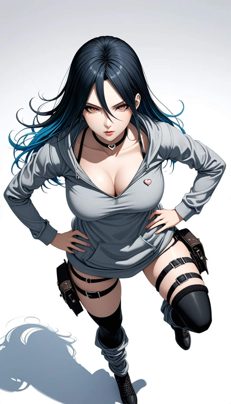 in style of Santiago Caruso,
1girl,fullbody ,stand,long straight black hair,gray sweatshirt,heart ring thigh_strap,oversize leg warmers,(hands_on_hips:1.5),(dynamic action,wide angle,from_above:1.6),white background,dynamic action,blue colored inner hair,breasts cutout
