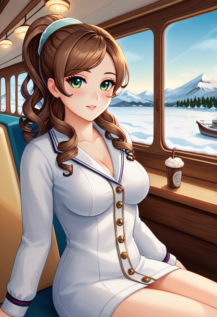 Beautiful girl with semi curly brown hair, collected in a high ponytail, green eyes, thin complexion, dressed in clothes designed for an exploration in Antarctica, sat in the cafeteria of a modern boat heading to Antarctica, having breakfast, cozy boat interior, large windows that reveal the glaciers and snow-capped mountains