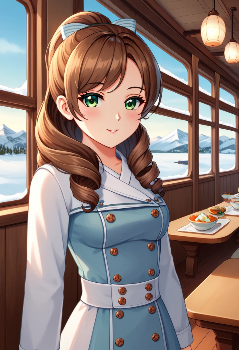 Beautiful girl with semi curly brown hair, collected in a high ponytail, green eyes, thin complexion, dressed in clothes designed for an exploration in Antarctica, sat in the cafeteria of a modern boat heading to Antarctica, having breakfast, cozy boat interior, large windows that reveal the glaciers and snow-capped mountains