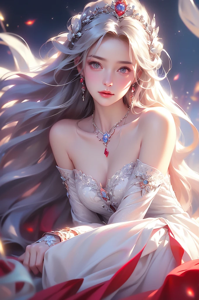 (masterpiece:1.5, Highest quality, Very detailed、 Dutch Angle、Semi-realistic、Fantasy)(One Girl, alone)(White and beautiful hair:1.6,,Straight Long Hair)(White based dress、Fantasyの衣装)、((Off the shoulder、Mid-chest、ruby necklace))(Beautiful cleavage、Legs wrapped in tights)(Beautiful starry sky、Mystical Night、Particles of light float around the woman、Fantasy space) Waiting to start