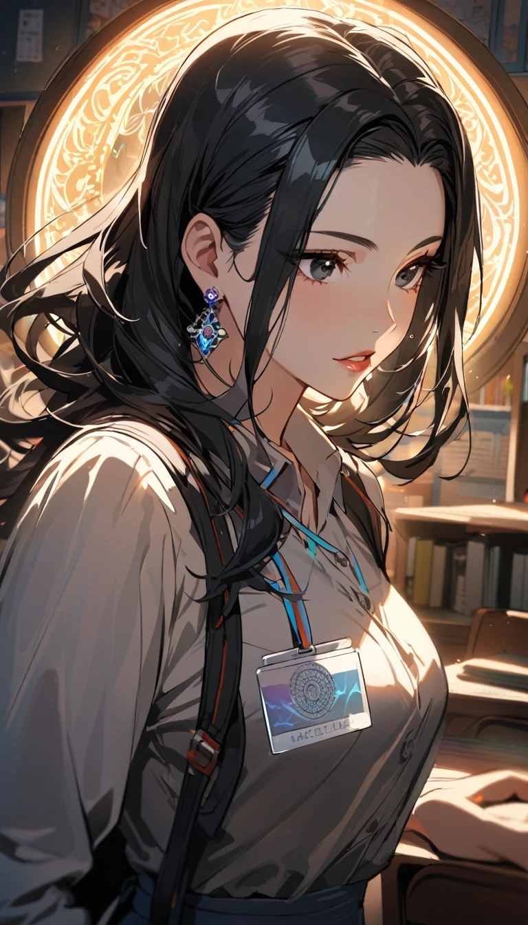 1woman,matured face,curtain hair forehead(long black hair),eyes,black eyes,teacher,teacher outfit, beautiful, colourful classroom background,standing attentive pose, neutral,stoic,wearing an ID card,earrings,juicy full lips,magic circle in the background, portrait , cinematic lighting,