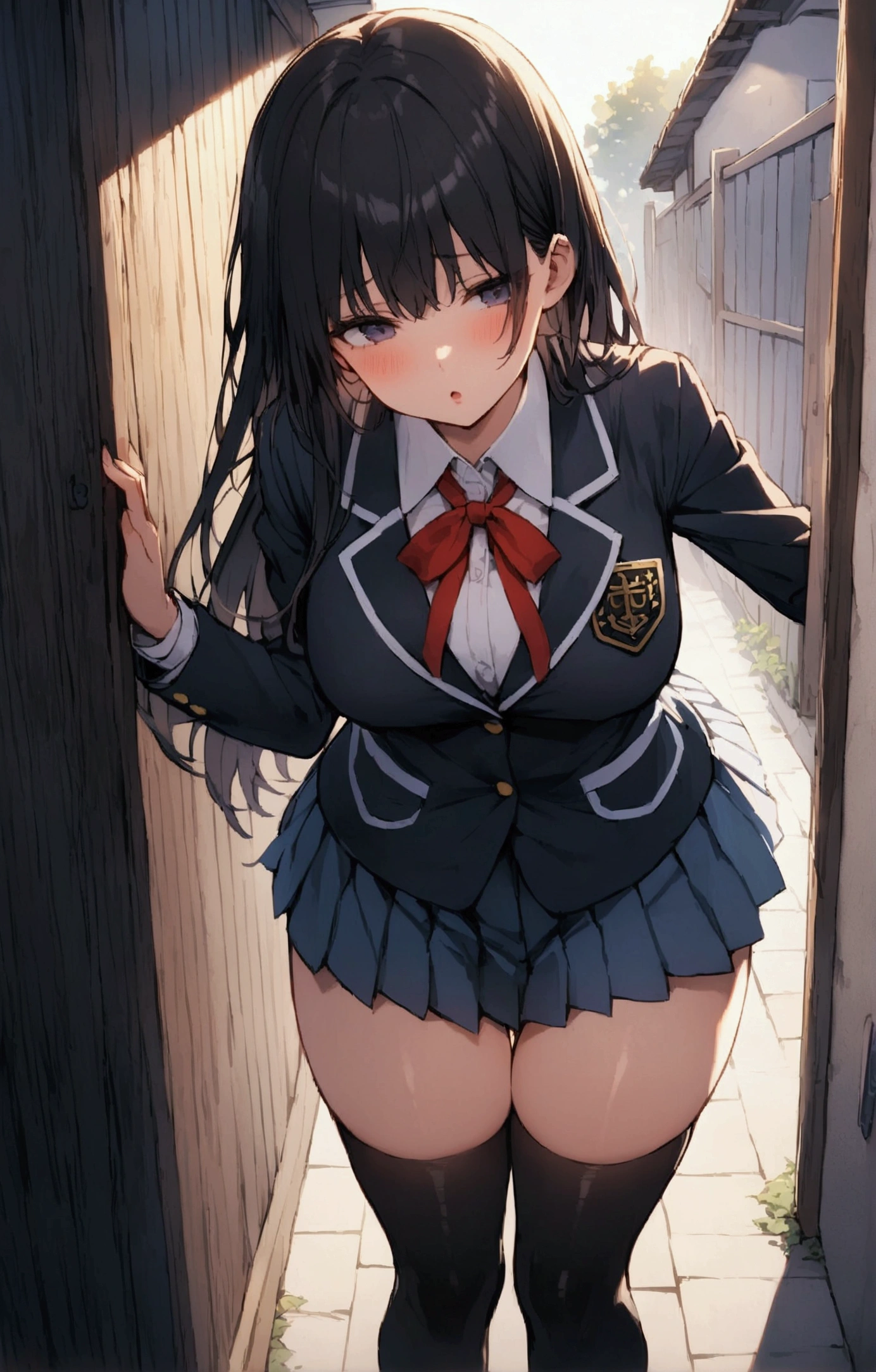 One Woman、beautiful girl、after school、evening、high school girl、School Nameplate、Blazer uniform、Pleated skirt、Black knee-high socks、Long Hair、In front of the school gate、Highest quality, Thick thighs、Big 、Black Hair、Pounding face、A crowd going home from school、In front of the school gateで待つ仕草、A handsome man walks in from the back.、Hide in the wall