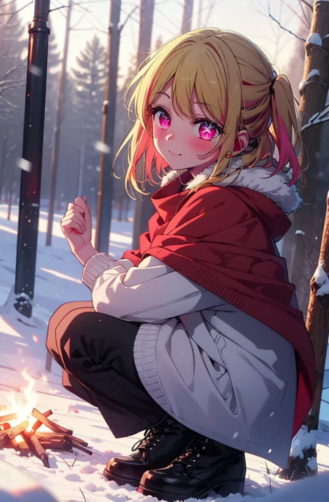 rubyhoshino, Hoshino Ruby, Long Hair, bangs, blonde, (Pink Eyes:1.3), Side Lock, (Symbol-shaped pupil:1.5), Multicolored Hair, Two-tone hair, smile,,smile,blush,white breath,
Open your mouth,snow,Ground bonfire, Outdoor, boots, snowing, From the side, wood, suitcase, Cape, Blurred, , forest, White handbag, nature, Squat, Mouth closed, Cape, winter, Written boundary depth, Black shoes, red Cape break looking at viewer, Upper Body, whole body, break Outdoor, forest, nature, break (masterpiece:1.2), Highest quality, High resolution, unity 8k wallpaper, (shape:0.8), (Beautiful and beautiful eyes:1.6), Highly detailed face, Perfect lighting, Highly detailed CG, (Perfect hands, Perfect Anatomy),