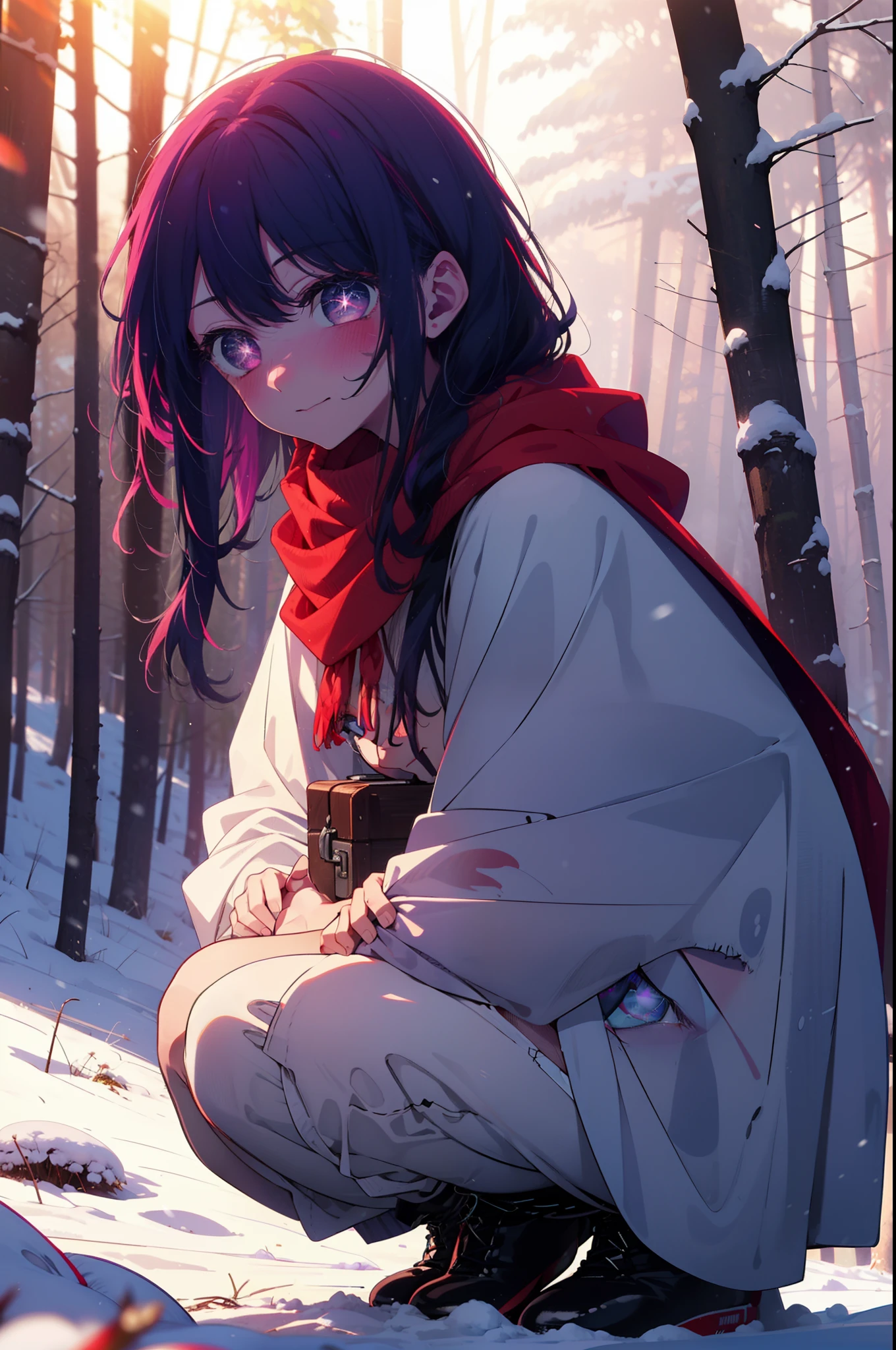 aihoshino, Ai Hoshino, Long Hair, bangs, (Purple eyes:1.1), Purple Hair, (Symbol-shaped pupil:1.5), smile,,smile,blush,white breath,
Open your mouth,snow,Ground bonfire, Outdoor, boots, snowing, From the side, wood, suitcase, Cape, Blurred, , forest, White handbag, nature,  Squat, Mouth closed, Cape, winter, Written boundary depth, Black shoes, red Cape break looking at viewer, Upper Body, whole body, break Outdoor, forest, nature, break (masterpiece:1.2), Highest quality, High resolution, unity 8k wallpaper, (shape:0.8), (Beautiful and beautiful eyes:1.6), Highly detailed face, Perfect lighting, Highly detailed CG, (Perfect hands, Perfect Anatomy),