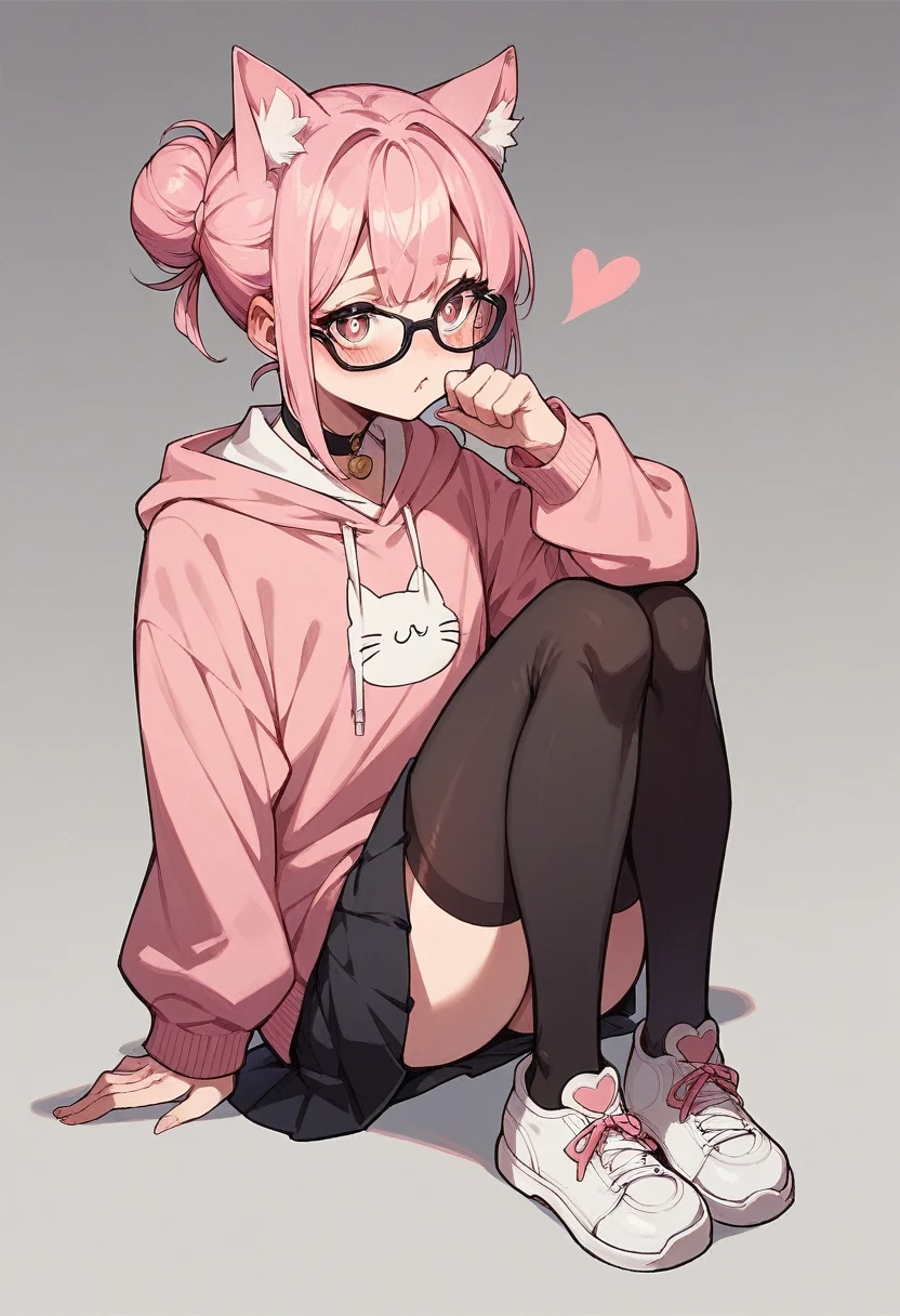 I have white pink hair, cat ears, a bun, my face is super blushing, black glasses, pink heart eyes, a big pink sweatshirt, a black skirt, black stockings, white shoes, a cat&#39;s tail, a girl. Very shy