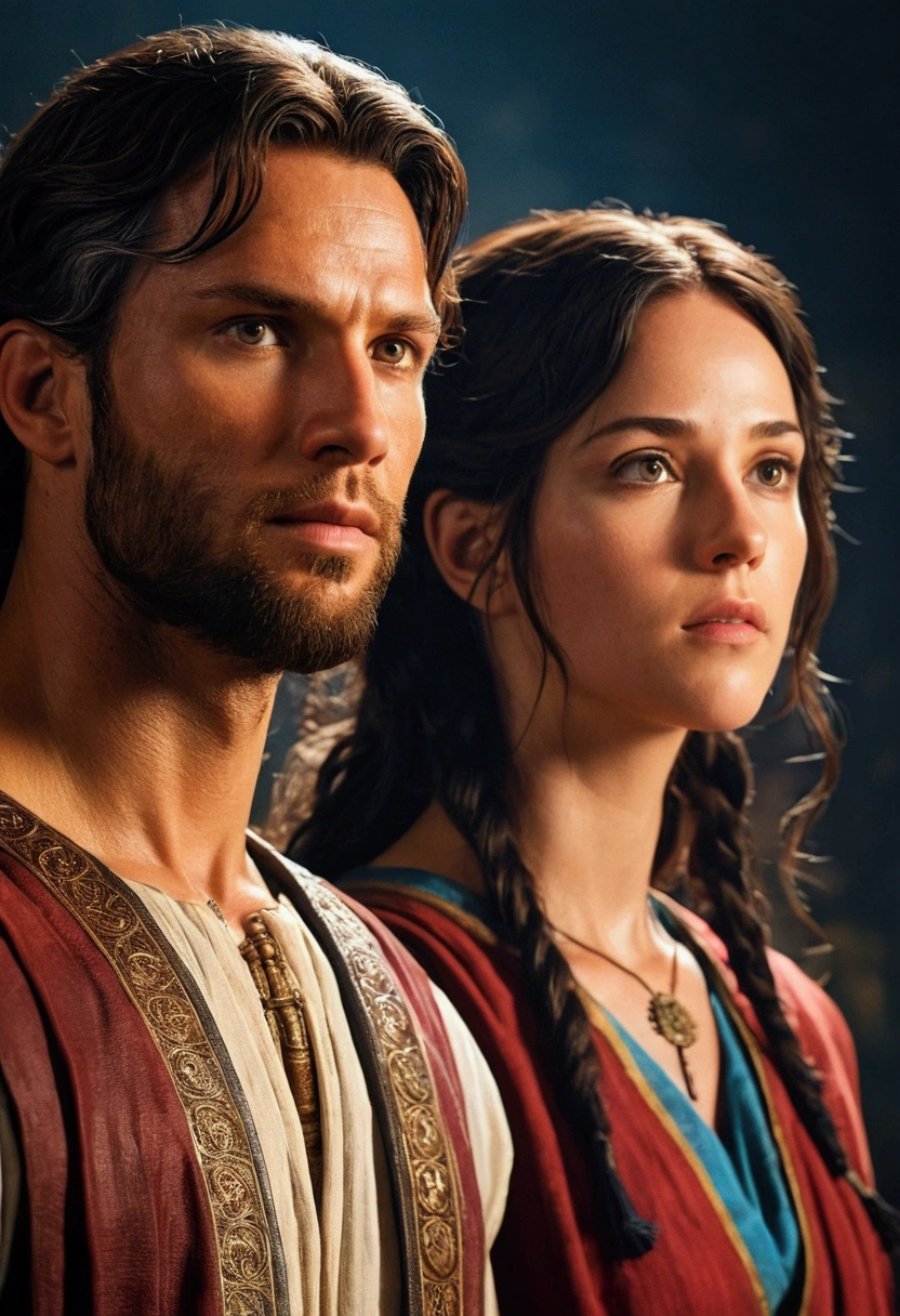 Male and Female Characters in the Bible, Realistic details, Maximum details.
