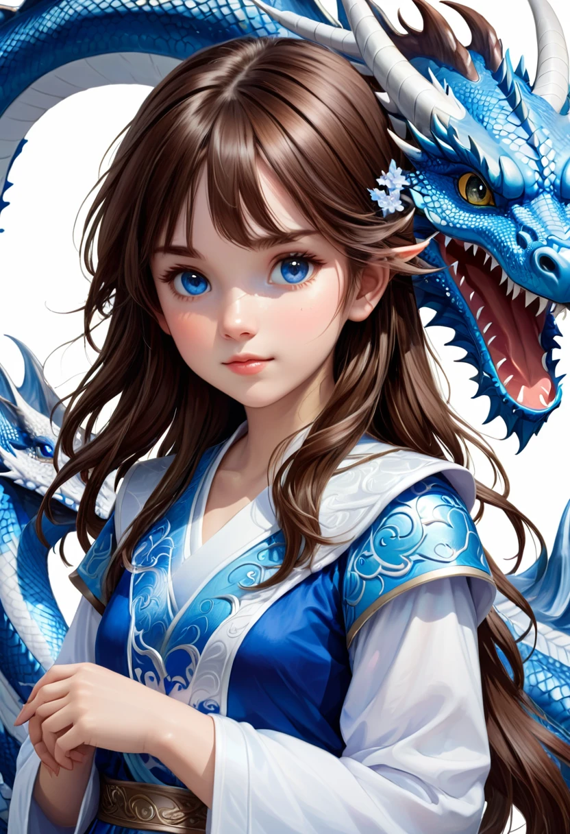 Brown hair girl and blue and white dragon