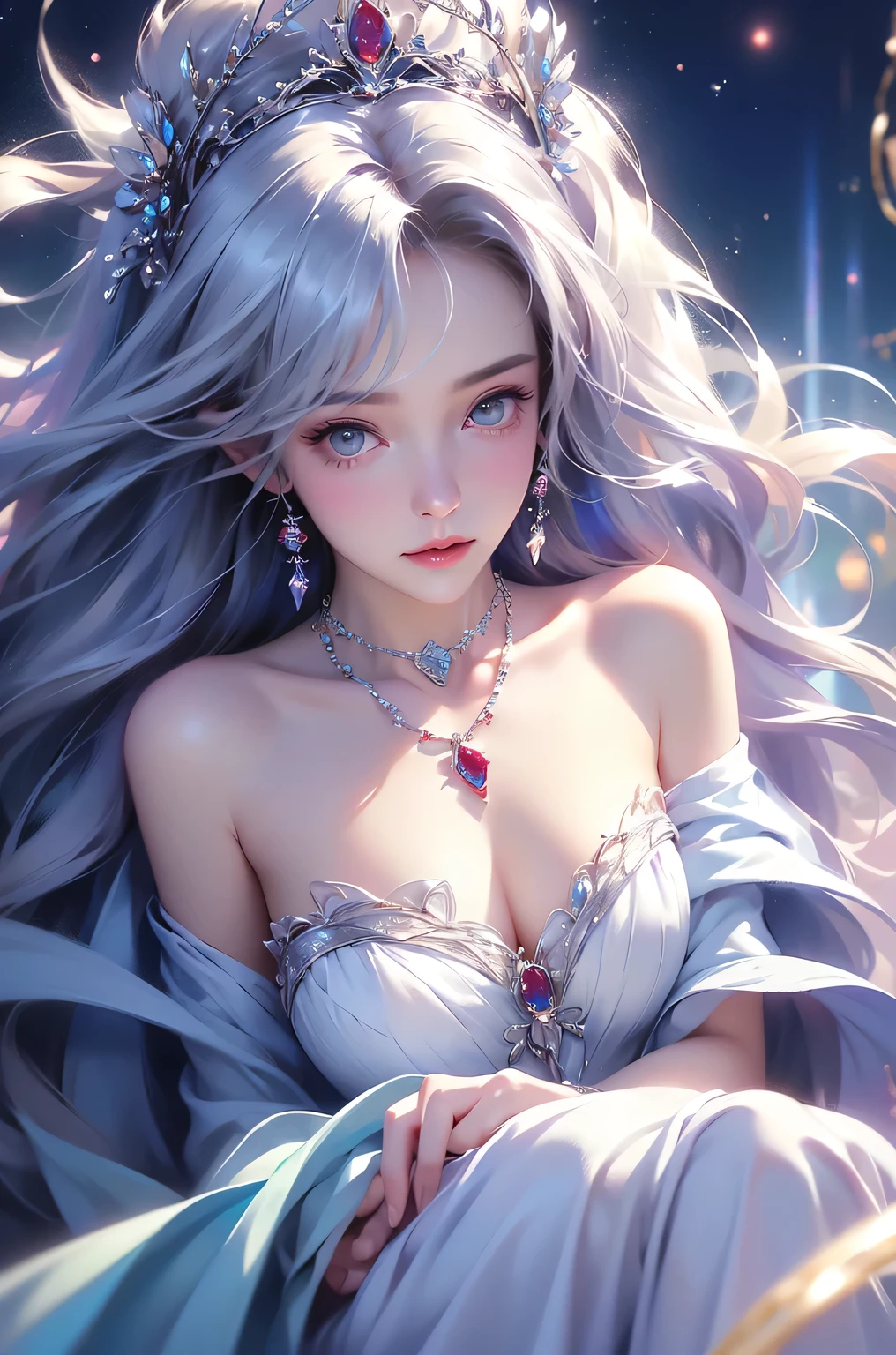 (masterpiece:1.5, Highest quality, Very detailed、 Dutch Angle、Semi-realistic、Fantasy)(One Girl, alone)(White and beautiful hair:1.6,,Straight Long Hair)(White based dress、Fantasy Costume)、((Off the shoulder、Mid-chest、ruby necklace))(Beautiful cleavage、Legs wrapped in tights)(Beautiful starry sky、Mystical Night、Particles of light float around the woman、Fantasy space) Waiting to start
