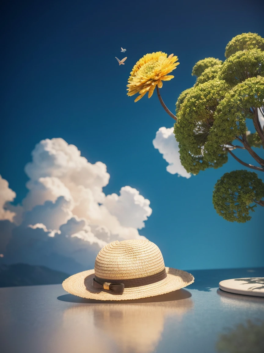 There is a suitcase with a straw hat on top, clouds, atmosphere, leaves, chrysanthemums floating in the air, paper airplanes, (miniature: 1.2), 2.5d illustration, 3d rendering, 3d modeling, bubble matt, trend in behans 3d art, trend in behans 3d art, 3d illustration, 3d illustration, 3d illustration, commercial illustration, cinema 4d color rendering, 3d rendering stylization, stylized digital illustration, 3d stylized scene, stylized 3d rendering
