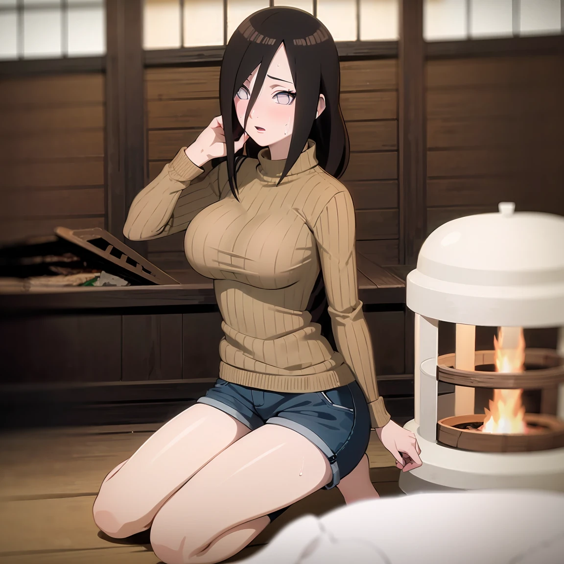masterpiece, Very detailed, best quality, Ultra-high resolution, 1 Girl, Solitary, (Snow outside the window,exist(bamboo basket)by the fire,Sweating,blush),(中等breast), breast, (Hana and Hinata:1), (sweater,shorts,躺exist沙发上,Kneeling), cleveage, From the front,sit,exist沙发上,black eyes,White eyes,((living room,))