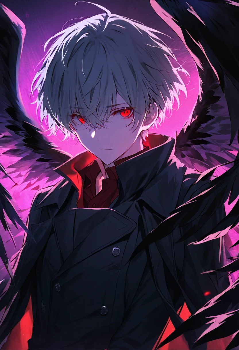alone, good looking, 1 male, Black coat, short hair, Gray Hair, Red eyes, Black light, Black wings