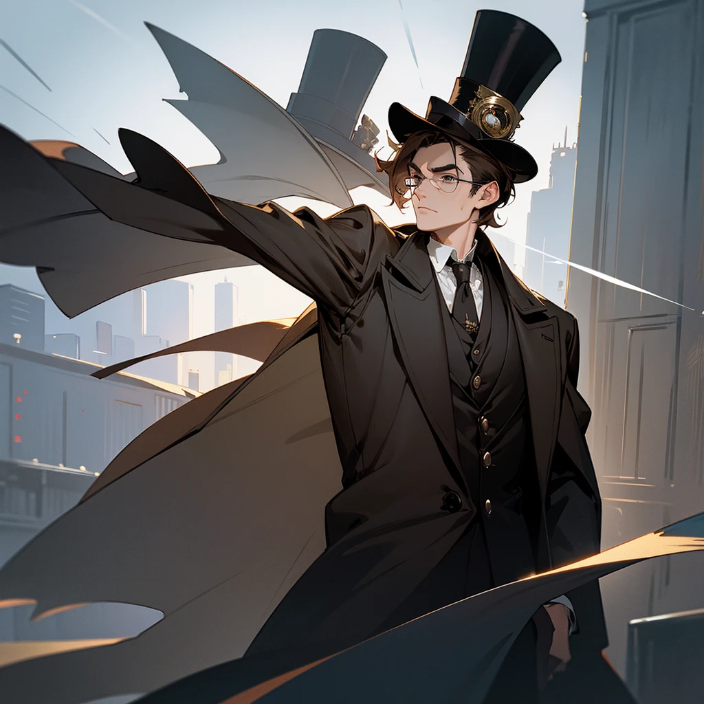 masterpiece, Highest quality, Realistic, 1 person, Mature Men, A quiet and attractive young man, Age 25, Close ~ eyes, Serious expression, Highly detailed face, ((Dark grey eyes)), ((Short dark brown hair swept to the right)), [Thick eyebrows], Thief, city, ((Wearing a classic overcoat and top hat)), Cinema Lighting, Looking at the audience, Postural dynamics,Side angle、((monocle))