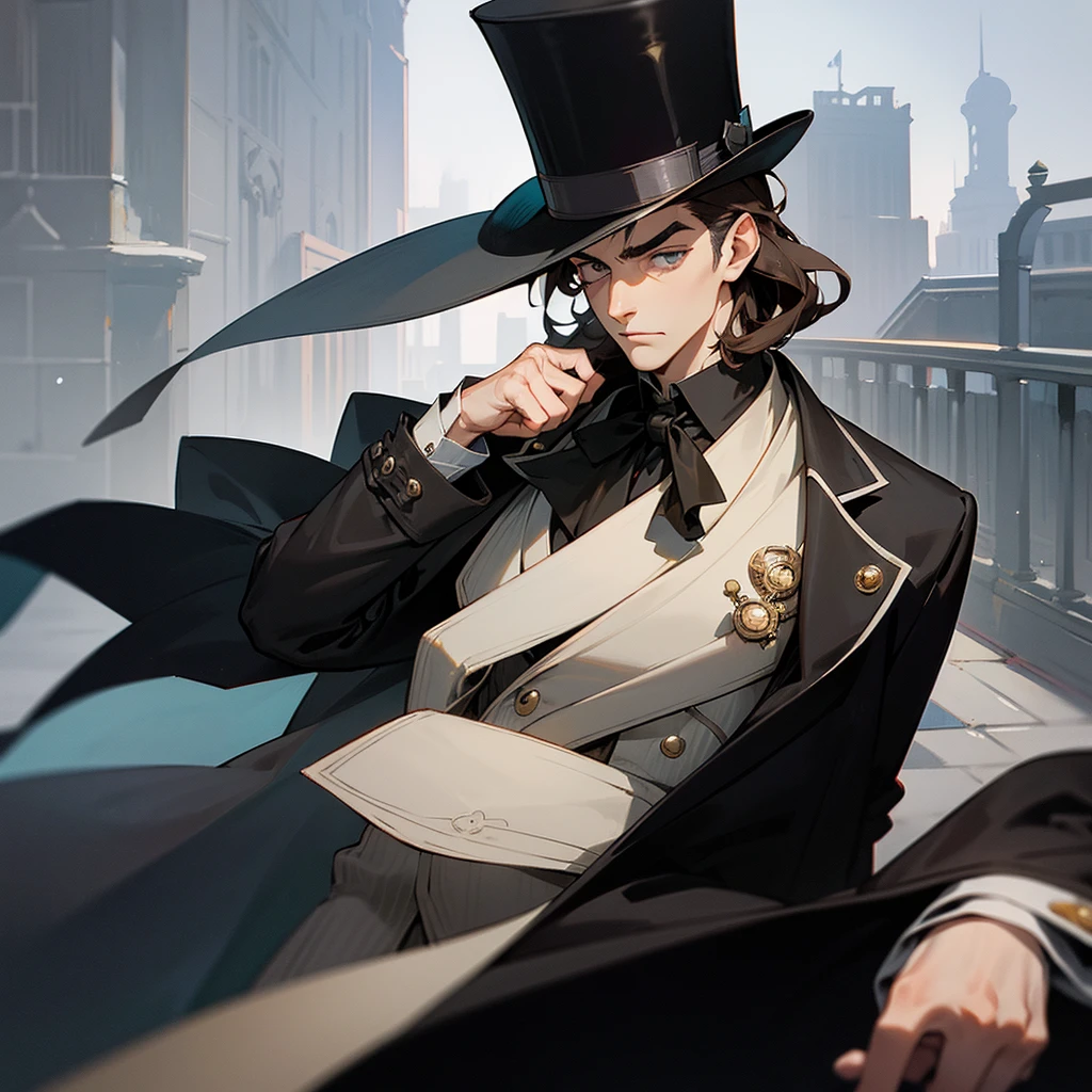 masterpiece, Highest quality, Realistic, 1 person, Mature Men, A quiet and attractive young man, Age 25, Close ~ eyes, Serious expression, Highly detailed face, ((Dark grey eyes)), ((Short dark brown hair swept to the right)), [Thick eyebrows], Thief, city, ((Wearing a classic overcoat and top hat)), Cinema Lighting, Looking at the audience, Postural dynamics,Side angle、((monocle))