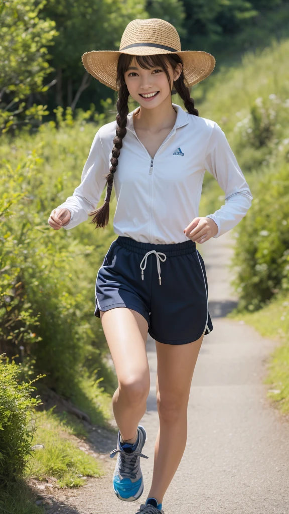 Best picture quality (8k, high resolution, Masterpiece: 1.2), super detailed,  215 Short Hair,Three braids long hair, 26-year-old woman, 

situation: Enjoying the surrounding scenery、Walking along gentle mountain paths。Breathe fresh air、Feeling one with nature。
clothing: Wick fabric long sleeve shirt and hiking shorts。Wear a brimmed hat to protect yourself from the sun、running。Trail running shoes on your feet。



,Active Pause ,
Beside her、The thunder danced。
Focus on the waist above


, random cute pose ,big eyes ,Puffy eyes ,  Heart Pupil, blush  , huge shy smile , salute

