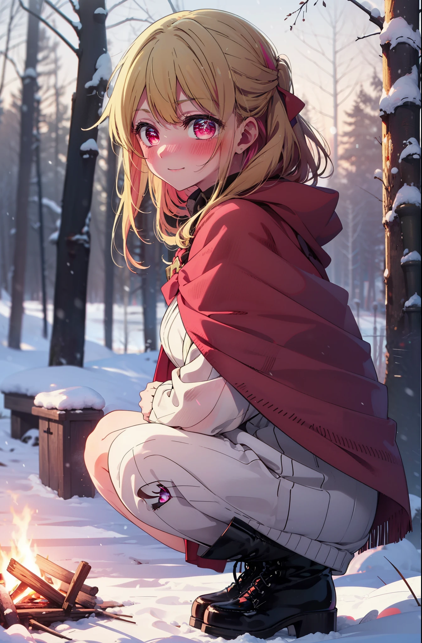 rubyhoshino, Hoshino Ruby, Long Hair, bangs, blonde, (Pink Eyes:1.3), Side Lock, (Symbol-shaped pupil:1.5), Multicolored Hair, Two-tone hair, smile,,smile,blush,white breath,
Open your mouth,snow,Ground bonfire, Outdoor, boots, snowing, From the side, wood, suitcase, Cape, Blurred, , forest, White handbag, nature,  Squat, Mouth closed, Cape, winter, Written boundary depth, Black shoes, red Cape break looking at viewer, Upper Body, whole body, break Outdoor, forest, nature, break (masterpiece:1.2), Highest quality, High resolution, unity 8k wallpaper, (shape:0.8), (Beautiful and beautiful eyes:1.6), Highly detailed face, Perfect lighting, Highly detailed CG, (Perfect hands, Perfect Anatomy),