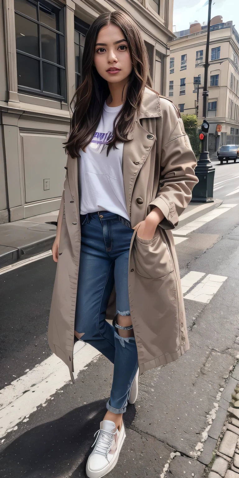 beautiful girl, brown hair ,purple eyes. white t-shirt, gray coat, Skinny jeans、sneakers、smile、detail face, detail eyes, expressive face, expressive eyes, pout mouth. highres,hyperdetailed body, The building entrance is in the background