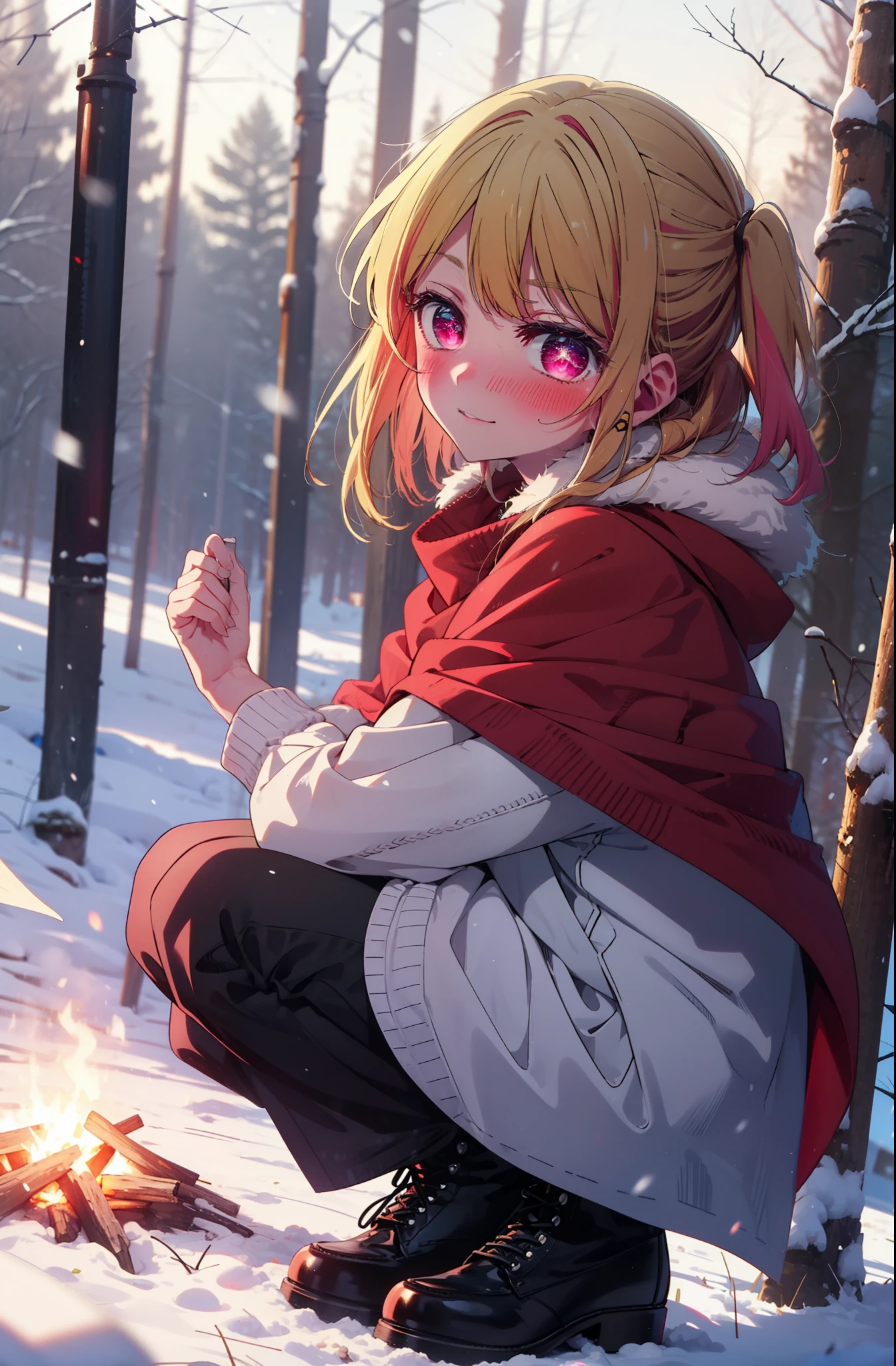 rubyhoshino, Hoshino Ruby, Long Hair, bangs, blonde, (Pink Eyes:1.3), Side Lock, (Symbol-shaped pupil:1.5), Multicolored Hair, Two-tone hair, smile,,smile,blush,white breath,
Open your mouth,snow,Ground bonfire, Outdoor, boots, snowing, From the side, wood, suitcase, Cape, Blurred, , forest, White handbag, nature,  Squat, Mouth closed, Cape, winter, Written boundary depth, Black shoes, red Cape break looking at viewer, Upper Body, whole body, break Outdoor, forest, nature, break (masterpiece:1.2), Highest quality, High resolution, unity 8k wallpaper, (shape:0.8), (Beautiful and beautiful eyes:1.6), Highly detailed face, Perfect lighting, Highly detailed CG, (Perfect hands, Perfect Anatomy),